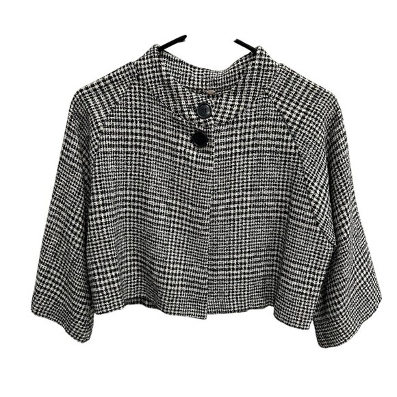 Elizabeth Gillett NYC Womens Black  White Houndstooth Crop Jacket Open Front - Picture 1 of 10